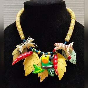 Jungle Theme Chilies Parrots Zebra Wood Necklace